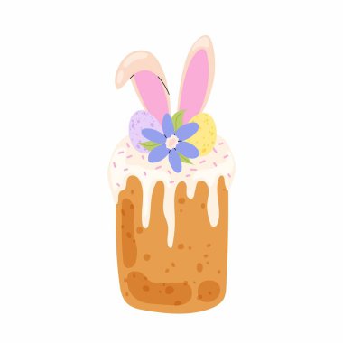 Paskalya pastası. Kremalı tavşan kulaklı bayram pastası, Paskalya yumurtası ve çiçek. Paskalya tavşanı. Hıristiyan bahar tatili.