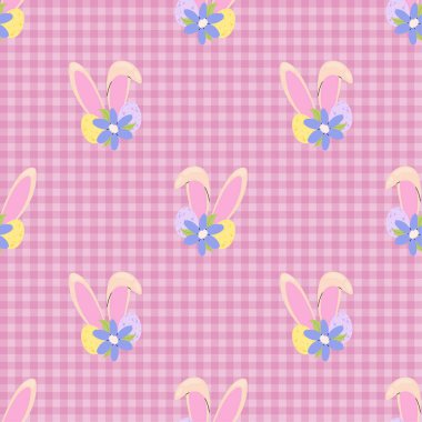 Paskalya arkaplanı. Tavşan kulaklı Paskalya yumurtası ve pembe kareli arka planda çiçek. Tekstil, ambalaj kağıdı, kartpostallar veya kapaklar için kusursuz desen.
