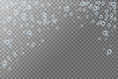 Şeffaf bir arka planda hava kabarcıkları. Mavi renkli 3 boyutlu baloncuklar. Kabarcıklar üstüste. Sabun köpüğü arkaplanı.