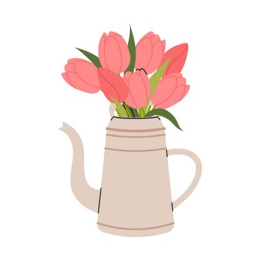 Süslü çaydanlıkta bir buket lale ya da bahçe sulama kutusu. Bahar çiçeği buketi. Kırmızı laleler. Kartlar için düz illüstrasyon çiçekleri, davetiyeler, selamlar, baskılar. İç dekorasyon.