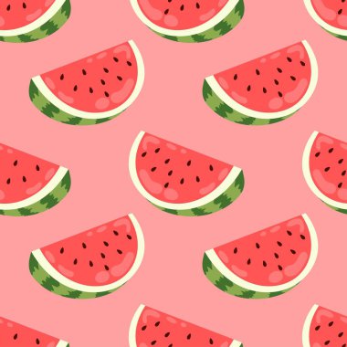 Kusursuz desen. Kırmızı arka planda yarım olgun karpuz. Yaz temalı tasarım ve tekstil için mükemmel..  
