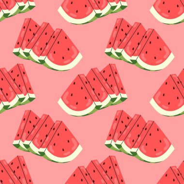 Sulu karpuz üçgeni. Olgun yaz meyvesi. Karpuzlu kusursuz desen. Tekstil, ambalaj kağıdı, kartpostallar veya kapaklar için.