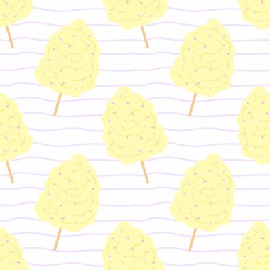 Beyaz çizgili arka planda sarı pamuk helvalı kusursuz desen. Tekstil, ambalaj, duvar kağıtları, kartpostallar veya kapaklar için.