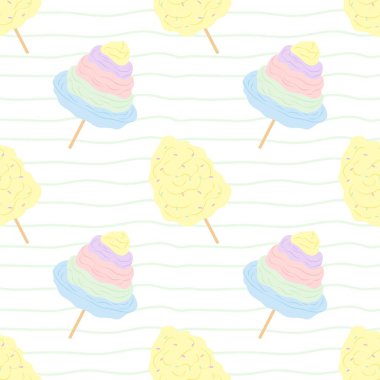 Beyaz çizgili arka planda sarı ve gökkuşağı pamuk helvalı kusursuz desen. Tekstil, ambalaj, duvar kağıtları, kartpostallar veya kapaklar için.