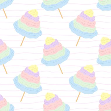 Beyaz çizgili arka planda gökkuşağı pamuk helvası olan kusursuz bir desen. Tekstil, ambalaj, duvar kağıtları, kartpostallar veya kapaklar için.