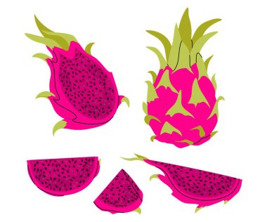 Pembe ejderha meyvesi. Pitahaya 'nın yarısı, parçalar halinde. Olgun egzotik meyvelerin düz çizimi. Beyaz arka planda tropikal meyve pitayası.