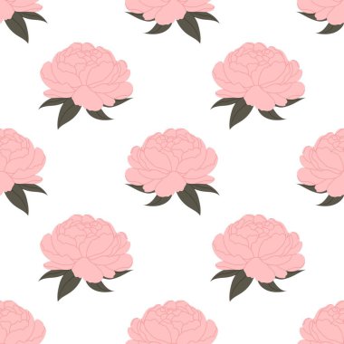 Beyaz arka planda pembe şakayık desenli zarif bir çiçek deseni. Kumaş tasarımı, ambalaj, kırtasiye.