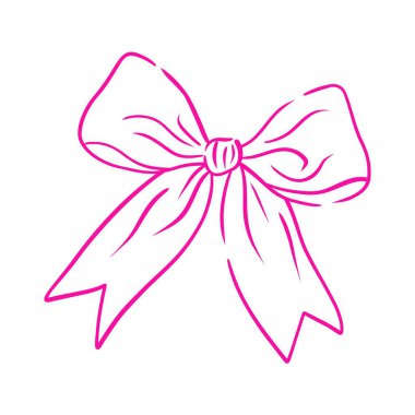 Coquette reveransı. El çizimi kız dekoru. Dekoratif pembe fiyonk. Valentine ve düğün için çizgi çizimi tasarımı ögesi, Noel kartları, poster.