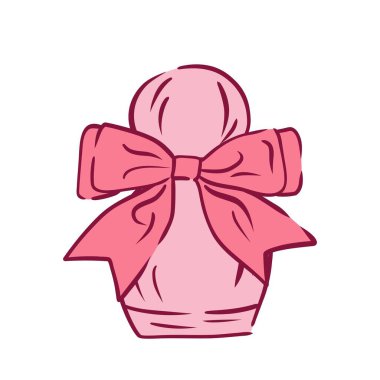 Fiyonklu parfüm şişesi. Coquette reveransı. El çizimi düz klasik kız dekoru. Beyaz arkaplanda pembe çizgi çizim şişesi.