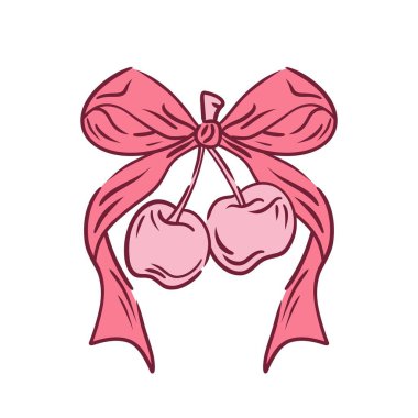 Fiyonklu Coquette Cherry. Beyaz arka planda el çizimi resim çizimi kirazı. Modaya uygun kız meyvesi. Davetiye şablonları için dekorasyon. Klasik zarif vektör.