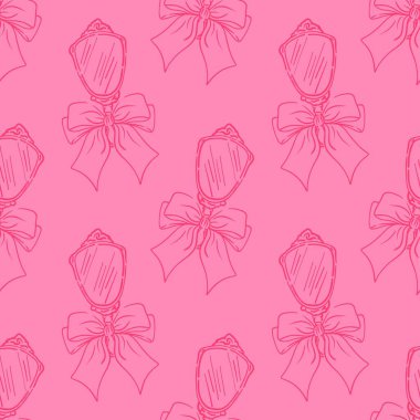 Kuaför, kuaför ve kuaför aletleri. Fiyonklu coquette aynası. Kız havası. Tekstil, ambalaj, duvar kağıtları veya kapaklar için.