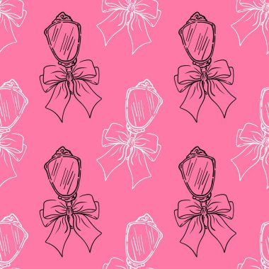 Fiyonklu coquette aynası. Kuaför, kuaför ve kuaför aletleri. Kız havası. Tekstil, ambalaj, duvar kağıtları veya kapaklar için.