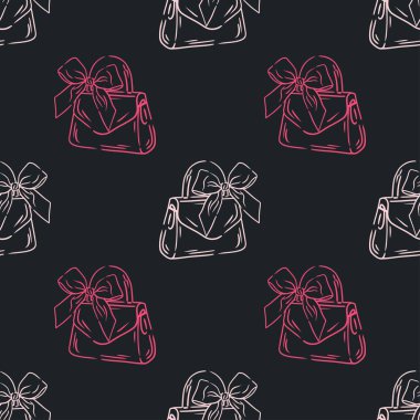 Siyah arka planda çizgi illüstrasyon çantası. Fiyonklu cilveli kız çantası. Tekstil, ambalaj, duvar kağıtları, kartpostallar veya kapaklar için.