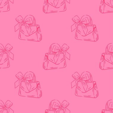 Fiyonklu cilveli kız çantası. Pembe arka planda çizgi çizimi çantası. Tekstil, ambalaj, duvar kağıtları, kartpostallar veya kapaklar için.