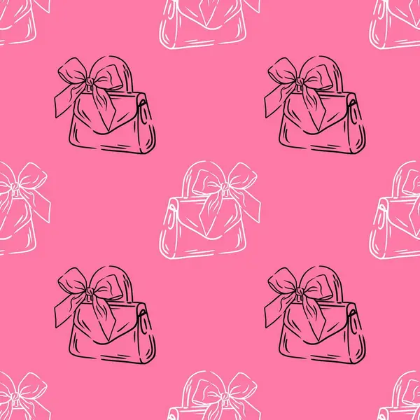 Pembe arka planda çizgi çizimi çantası. Fiyonklu cilveli kız çantası. Tekstil, ambalaj, duvar kağıtları, kartpostallar veya kapaklar için.