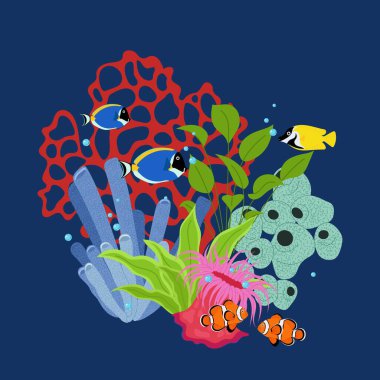 Renkli mercanlar, deniz bitkileri ve çizgi film tarzında şakayıklar arasında yüzen çeşitli tropikal balıkların olduğu parlak sualtı sahnesi.