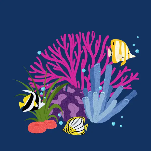 Sualtı manzarasında tropikal balıkların ve canlı mercan resiflerinin vektör çizimi. Deniz teması ya da çocuk tasarımı için mükemmel.
