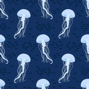 Mavi arka planda mavi denizanası olan kusursuz bir desen. Okyanus temalı tekstil ürünleri, duvar kağıtları ve ambalajlar, kartpostallar veya kapaklar için.