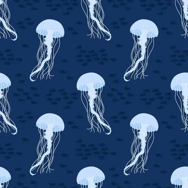 Mavi arka planda mavi denizanası olan kusursuz bir desen. Okyanus temalı tekstil ürünleri, duvar kağıtları ve ambalajlar, kartpostallar veya kapaklar için.