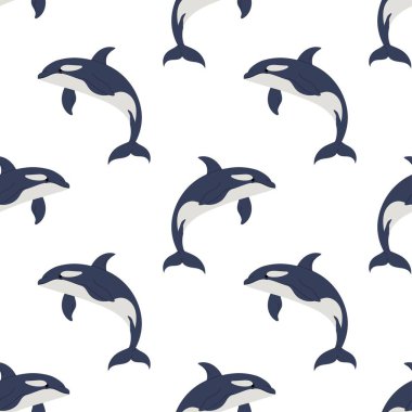 Beyaz arka planda katil balina deseni var. Deniz veya okyanus teması, ambalaj ve tekstil tasarımları için.