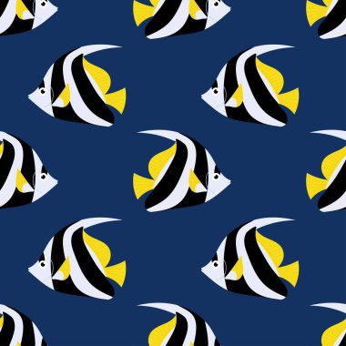 Mavi arka planda tropikal çizgili balığın kusursuz deseni. Okyanus temalı tekstil, duvar kağıtları ve ambalajlar, kartpostallar veya kapaklar için.