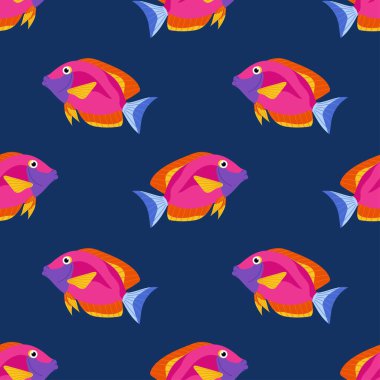 Çok renkli parlak deniz ya da okyanus balığı deseni. Mavi arka planda tropikal balıklar. Okyanus temalı tekstil ürünleri, duvar kağıtları ve ambalajlar, kartpostallar veya kapaklar için.