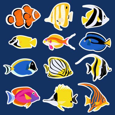 Düz stil tropikal balıklara renkli çıkartmalar yapıştırın. Eğitim malzemeleri, deniz tasarımları ve akvaryum temalı projeler için ideal.
