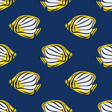 Tropical striped fish. Seamless pattern with fish on blue background. For textiles, wallpapers and packaging, postcards or covers.