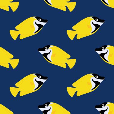 Seamless pattern with yellow tropical fish on blue background. For textiles, wallpapers and packaging, postcards or covers.