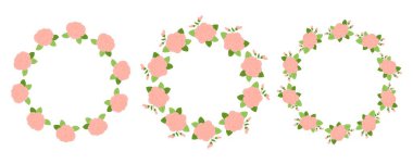 Tasarım ve dekorasyon için yuvarlak gül kenarlarını ayarlayın. Pembe çiçek çerçeveleri. Davetiyeler, ambalajlar, tebrik kartları.