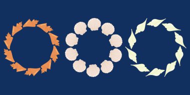 Deniz kabuğu çelengi koleksiyonu. Denizcilik dekoratif daire çerçeveleri. Yaz çerçevelerini ayarlayın. Mesaj için yer var. Çocuk projeleri, tebrik kartları ve okyanus temalı tasarımlar için.