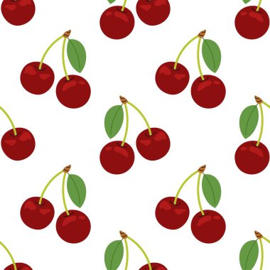 Olgun kirazlar. Beyaz arka planda yaprakları olan kusursuz kiraz deseni. Yaz tasarımları, ambalaj ve tekstil için mükemmel. Mevsimlik meyve.