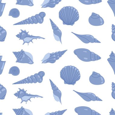 Deniz kabuklu, pürüzsüz bir denizci deseni. Deniz izi. Tropik tatil, sahil ve okyanus konsepti. İzler, kumaş, tekstil, duvar kağıdı ve ambalaj için vektör arkaplanı mükemmel