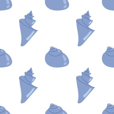 Beyaz arka planda mavi deniz kabukları olan kusursuz bir desen. Yaz tekstil ürünleri ve plaj tasarımları için, yaz.