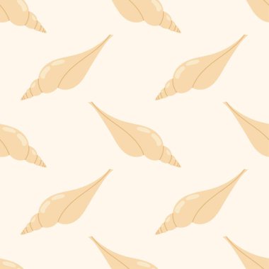 Krem rengi arka planda stilize edilmiş sarı deniz kabukları olan kusursuz bir desen. Yaz tekstil ve plaj tasarımları için..