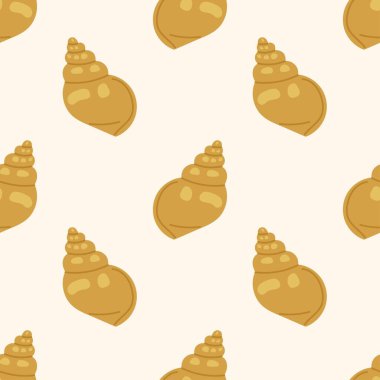 Kusursuz desenli, krem bir arka planda stilize edilmiş altın deniz kabukları. Yaz tekstil ve plaj tasarımları için..