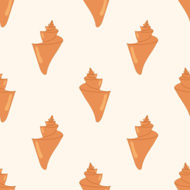 Krem rengi arka planda kahverengi deniz kabukları olan kusursuz bir desen. Su altı elementi. Yaz tekstil ve plaj tasarımları için..