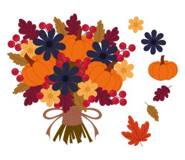 Balkabağı, çiçek, böğürtlen ve sonbahar yapraklı buket. Botanik dekoratif elementler. Mevsimlik dekorasyon ve tasarımlar için.