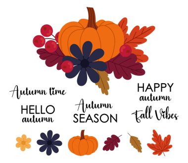 Sonbahar illüstrasyon balkabağı, çiçekler, yapraklar ve mevsimlik metinli böğürtlenler. Sonbahar dekorasyonu, kartlar ve tasarım projeleri için.