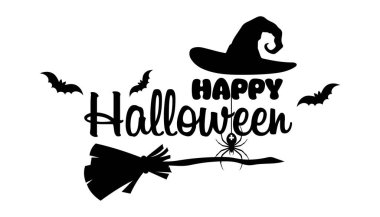 Mutlu Cadılar Bayramı. Beyaz üzerine siyah beyaz harfler. Süpürgeli yazı, cadı şapkası, örümcek ve yarasalar. Bayram pankartları, posterler, tebrik kartları ve web tasarımı için Cadılar Bayramı grafikleri. 