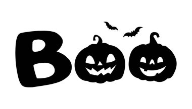 Yuh! Geleneksel Cadılar Bayramı korkutucu tabiri, balkabakları ve yarasalarla. Tatil tasarım ögesi, poster ve tebrik kartı veya davetiye için alıntı.