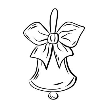 Linear illustration Christmas bell with bow. Christmas decorative element on white background for cards, greetings and holidays.