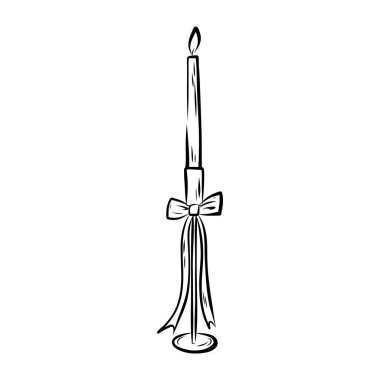 Hand-drawn andle on white background. Line illustration of candle with decorative bow. For cards, greetings and holidays.