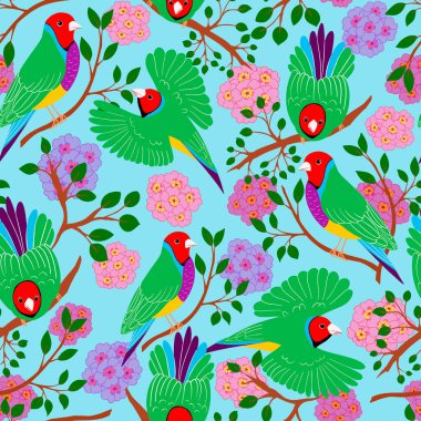 Gouldian ispinozu kuşları ve dalları pürüzsüz desenli çizimler