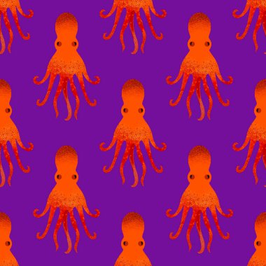 Sefalopod desenli raster kusursuz illüstrasyon tasarımı, mor arkaplan