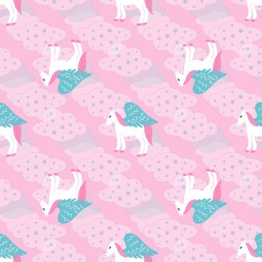 Şirin pegasus pembe arkaplan üzerinde soyut örnekleme tasarımı tekrarlıyor