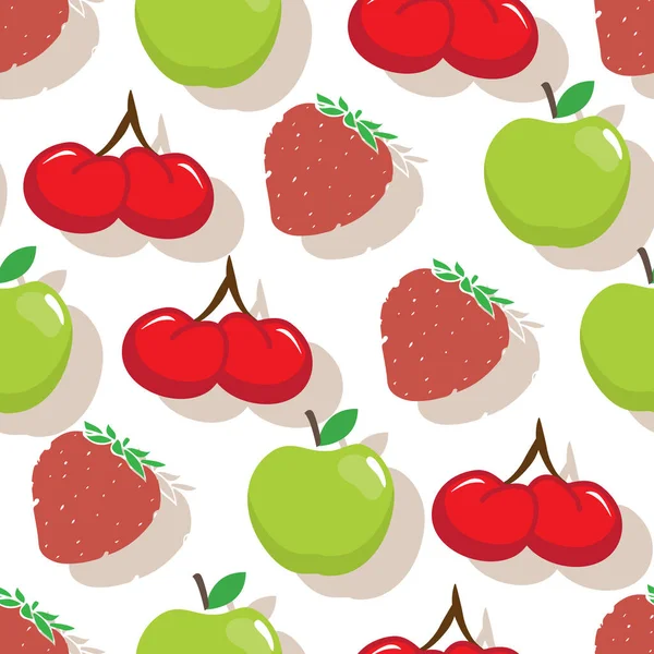 Fondo Frutas Sin Costura Fresa Manzana Cereza Ilustración — Vector de stock