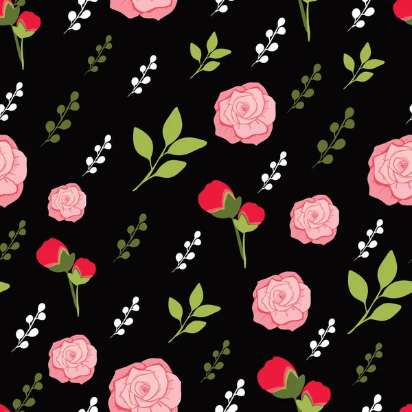 Rose Flowers Leaves Seamless Vector Pattern Design Black — Stock Vector