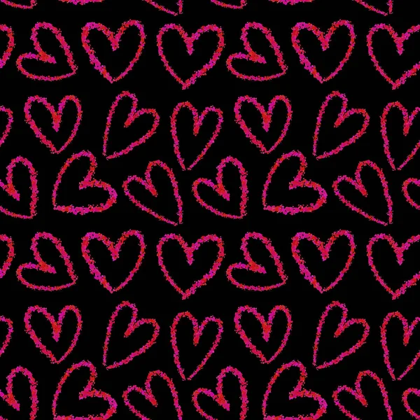 Textured Hearts Vector Seamless Pattern Black Background — Stock Vector