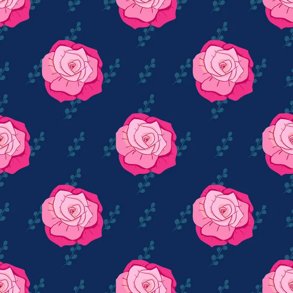 バラの繰り返しベクトルデザインパターン上の青の背景 — ストックベクタ